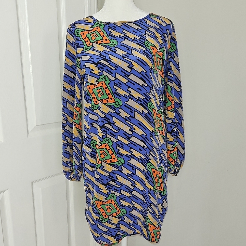 Amanda Uprichard 100% Silk Abstract Print  Dress Long Sleeve Blue Multi Size S - Picture 2 of 9